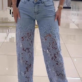 High Waist Lace Cutout Long Wide Leg Jeans