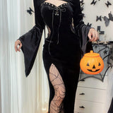 Long Dress Suit With Hat See Through Velvet Lace Cutout High Slit Long Sleeve Button Lace-up Party Dress