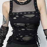 2025 Mall Gothic Sexy Hole See Through Lace-up Streetwear Cyber Punk Rave Fashion Crop Top