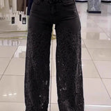 High Waist Lace Cutout Long Wide Leg Jeans