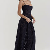 Dainty Lace Spaghetti Strap Tie Waist  Prom Dress
