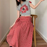 Color Block Plaid Tie Side Zip Loose Skirt