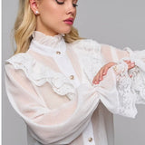 Lace Trim Stand Collar Chiffon Blouse
