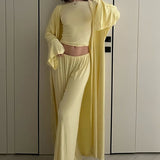 Solid Knit Flowly Long Sleeve Robe Three Piece Set