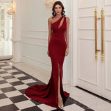 Wine Red Annual Meeting Dress Sleeveless One Shoulder Solid Color Small Tail Birthday Party Dress Prom Formal Gown