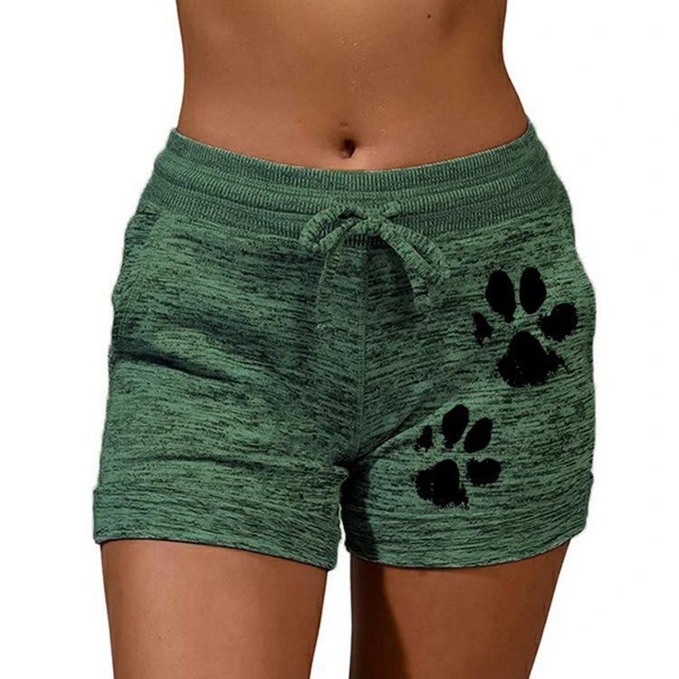 Women's cute paws printed drawstring elastic waist yoga shorts