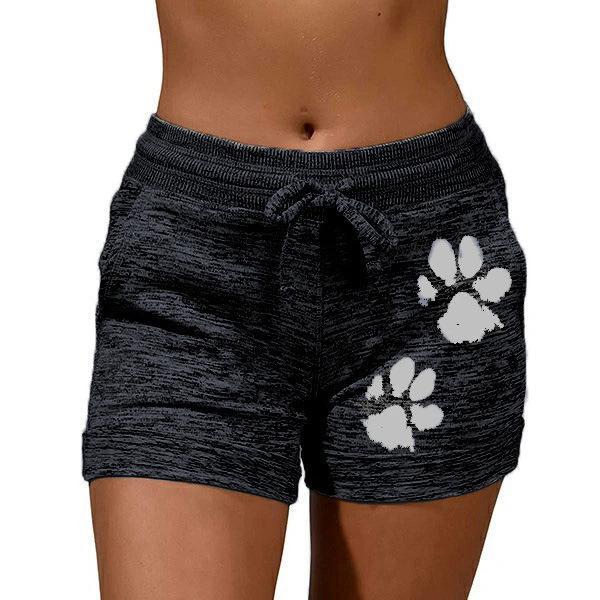 Women's cute paws printed drawstring elastic waist yoga shorts
