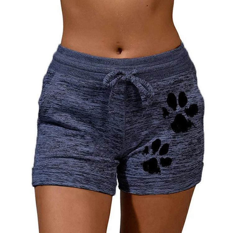 Women's cute paws printed drawstring elastic waist yoga shorts