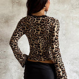 Crystal Rhinestone Leopard Print Tie Detail Long Sleeve Blouse