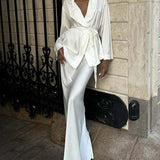 White Satin Hooded Slim Skirt Office Two Piece Set