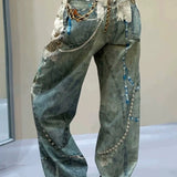 Lace Pearl Chain Printed Vintage Washed Casual Jeans