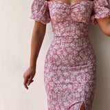 Chiffon Wrap Slit Floral Dress