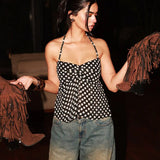 Polka Dot Ruched Halter Tie Back Crop Top
