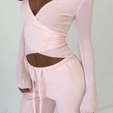 Y2K Sexy V-Neck Fitted Top Casual Pants Two Piece Set