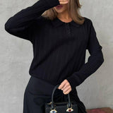 Jacquard Polo Collar Long Sleeve Loose Blouse