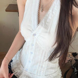 White Lace Trim V Neck Halter Waist Tie Tank Top