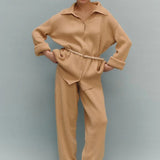 Knit Ribbed Collar Long Sleeve Loose Two Piece Set