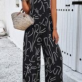 Printed Wide Strap Jumpsuit with Pockets