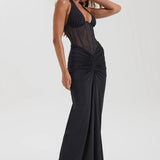 Halter Mesh Paneled Pencil Maxi Party Dress