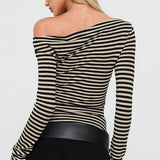 Color-Block Stripe Asymmetrical Neck Long Sleeve Tee