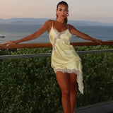 Alluring Asymmetric Lace Trim Fitted Mini Dress