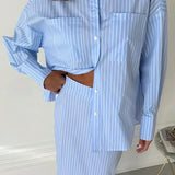 Striped Color Block Slit Long Sleeve Skirt Set