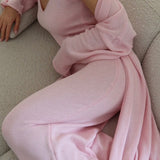 Solid V Neck Cotton Knit Bodycon Two Piece Set