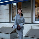 Bell-Sleeve Pink Polo Collar Cardigan Straight Skirt Two Piece Set