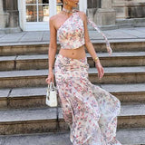 Light Pink Purple Floral One Shoulder Sleeveless Two Piece Set