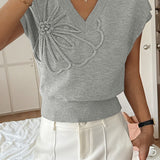 Deep V Solid Knit Short Sleeve Sweater