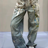 Lace Pearl Chain Printed Vintage Washed Casual Jeans
