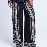Unique Western Floral Print Elastic Pocket Wide Leg Pants