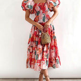Floral Printed Smocked Tiered Fit Flare Midi Dress
