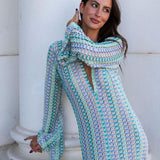 Boho V Neck Bell Sleeve Wavy Striped Crochet Beach Vacation Maxi Dress - Blue