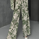 Palm Leaf Printed Elastic Waist Wide Leg Pant Set