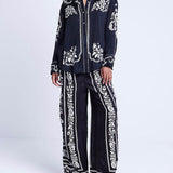 Unique Western Floral Print Elastic Pocket Wide Leg Pants