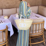 Boho V Neck Bell Sleeve Wavy Striped Crochet Beach Vacation Maxi Dress - Yellow