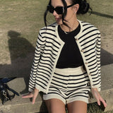 Casual Round Neck Striped Knit Cardigan Sweater Set