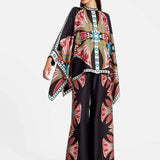 Fine Satin Floral Print Batwing Sleeve Pants Set - Black-red flowers
