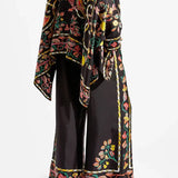 Fine Satin Floral Print Batwing Sleeve Pants Set - Black