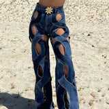 Hollow Button Patchwork Wide Leg Jeans