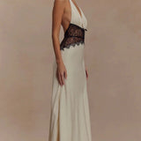 Lace Patchwork Backless Halter Boho Dress