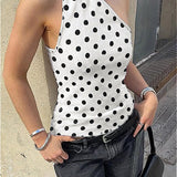 Polka Dot Halter Backless Tie Shoulder Crop Top