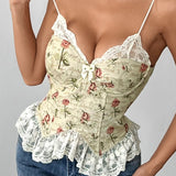 Lace Trim Patchwork Boned Corset Tank Top