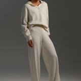 Polo Collar Knit Pullover Wide-Leg Pants Two Piece Set