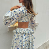 Floral Tie Front Square Neck Ruffled Cropped Top Low Waist Jogger Pants Two Piece Set