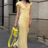 French Ruffle V Neck Knit Pastoral Maxi Dress