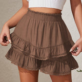 Ruched Tiered Ruffle Hem Elastic Waist Skort