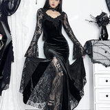 Gothic Long Sleeve Lace Ruched Fishtail Bodycon Mermaid Cocktail Maxi Dress