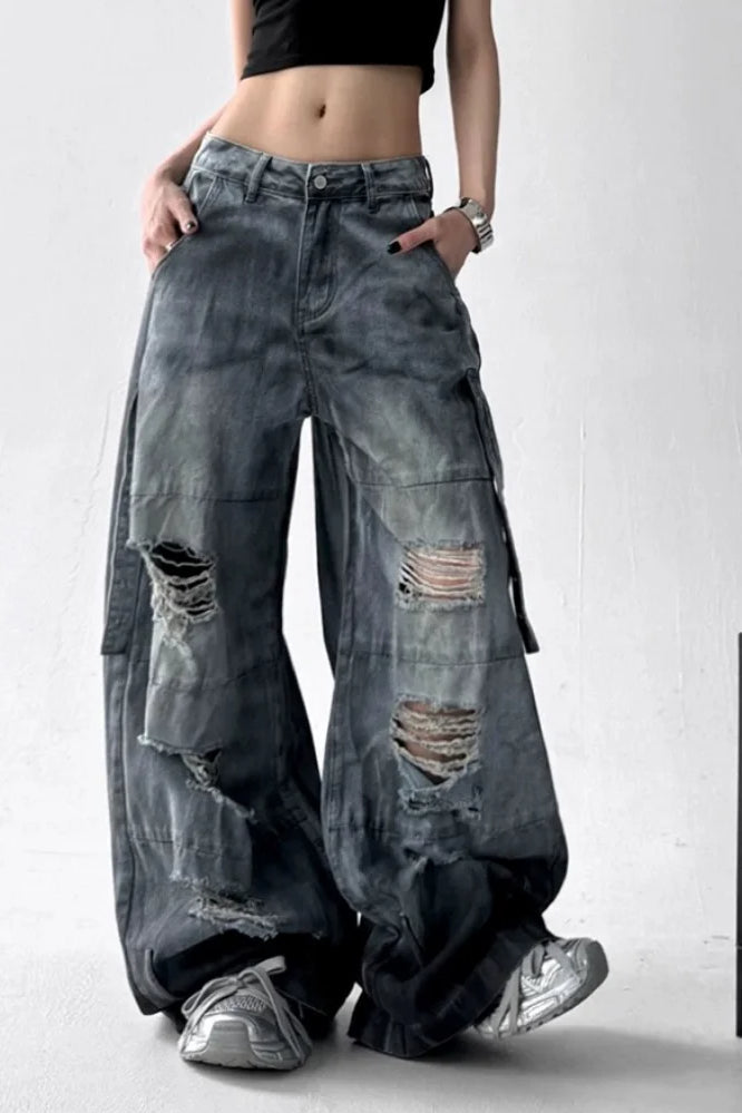 Washed Ripped Wide Leg Jeans
